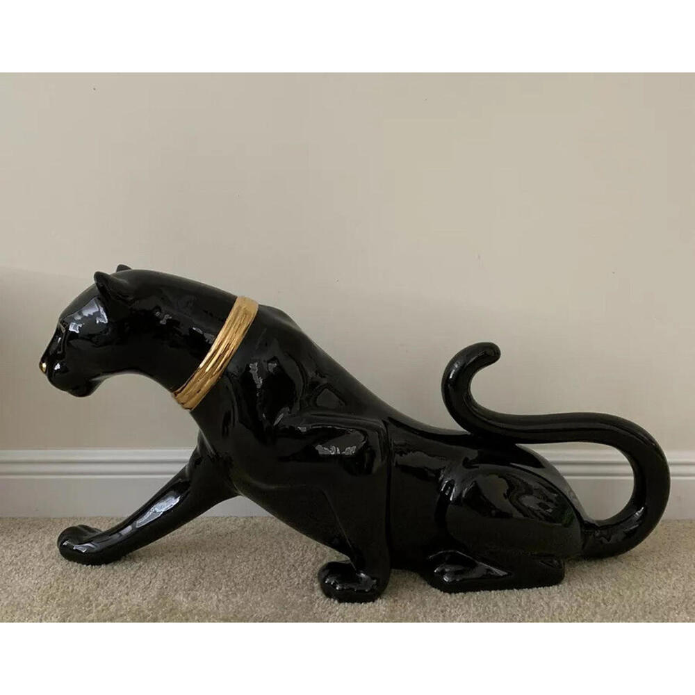RARE VINTAGE Large CERAMIC BLACK PANTHER CAT LONG Gold